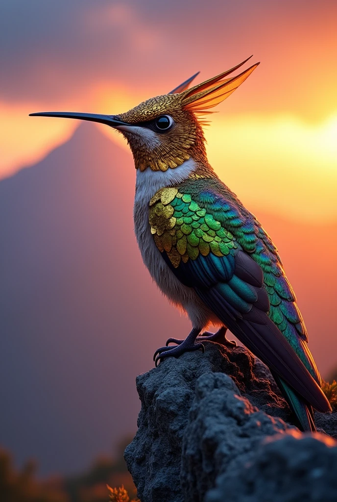 (Close-up of a majestic masterpiece:1.5)0.9], (Strong and united hummingbird:1.2), (Detailed golden armor:1.1), (Perched on top of an epic mountain:1.2), (Landscape at dusk:1.0), (Radiant light around the hummingbird:1.1), (Epic scenery symbolizing unity and determination:1.0)