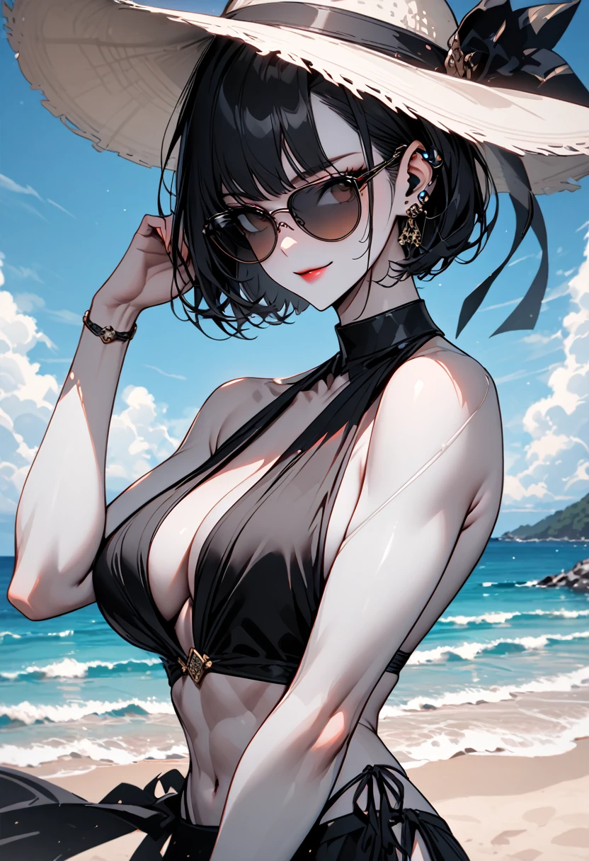 solo, female, tall, elegant, sunglasses, broad shoulders, pixie cut, black hair, pale skin, athletic, very tall, sober bikini, black clothes, small smile, luxurious beach, classy, professional, earpiece, muscular, cute pose, seams on skin, abs, shawl, white sun hat, side-tie bikini skirt, pareo, pinup pose, smooth skin, broad shoulders, large woman, large arms