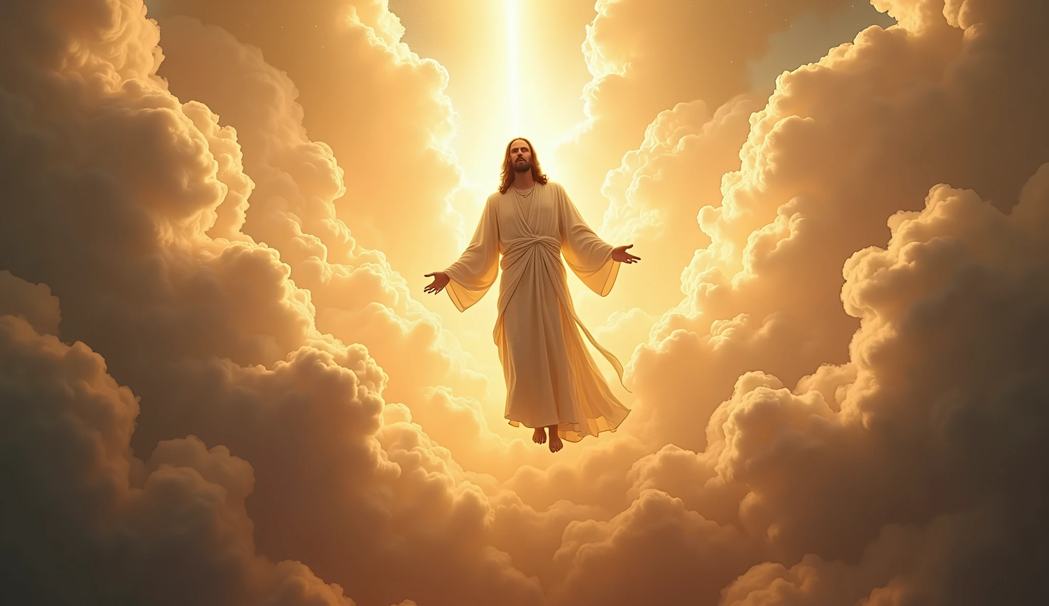 Jesus descending in the middle of the clouds, with an imposing appearance, with a heavenly radiance while the sky is open, angels without wings