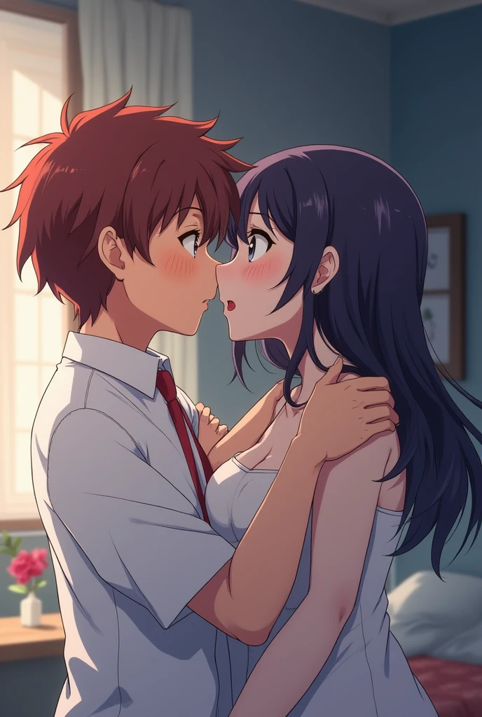 An anime boy had sex with a teacher in bed kissing with tongue 