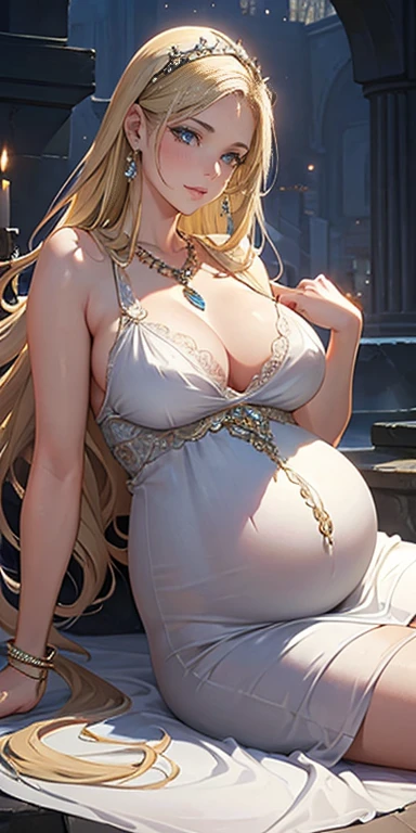 Castle wall as background, pregnant fashion model posing, (photorealistic:1.4), (masterpiece, front lighting, finely detailed beautiful eyes: 1.2), masterpiece*portrait, realistic, 3d face, glowing eyes, shiny blonde hair, lustrous skin, solo, embarrassed, absolute_cleavage, necklace, sapphire_earrings, pregnant