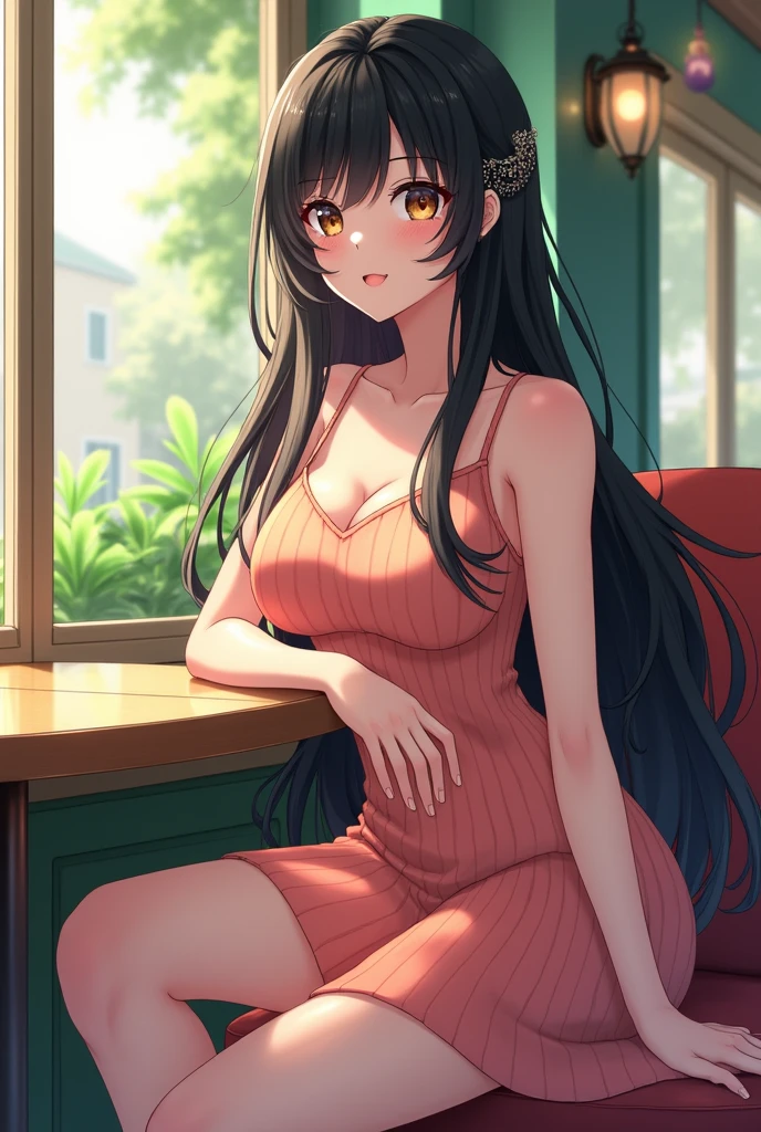 Anime, beautiful girl, big breasts, slim body, wide hips, sleeveless sundress, waistband right under boobs, long black hair, hair ornament, vivid colours, knitted dress, portrait, sitting in cafe, white dress