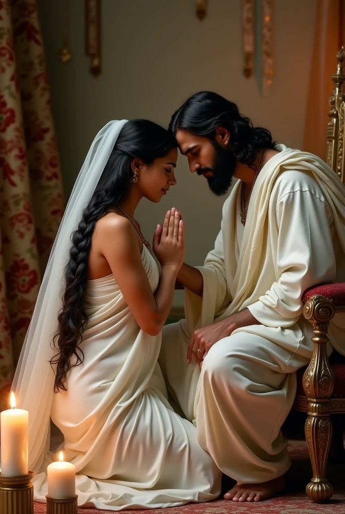 An indian beautiful young women wearing white saree with long thick black hair braided upto her waist and her covered with veil praying to God on her knees where Jesus in Hebrew dress attire sitting beside her on the chair and consoling the young women