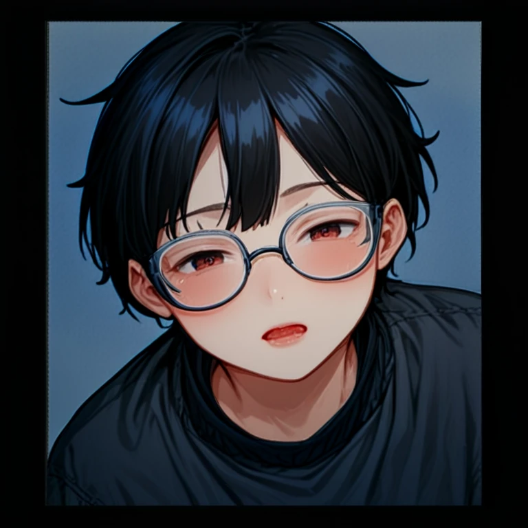 Score_9,score_8_up,score_7_up,score_6_up,score_5_up,score_4_up, Sarada Uchiha, solo, 1girl, black hair, short hair, red-framed eyewear, glasses, black eyes, cum on face