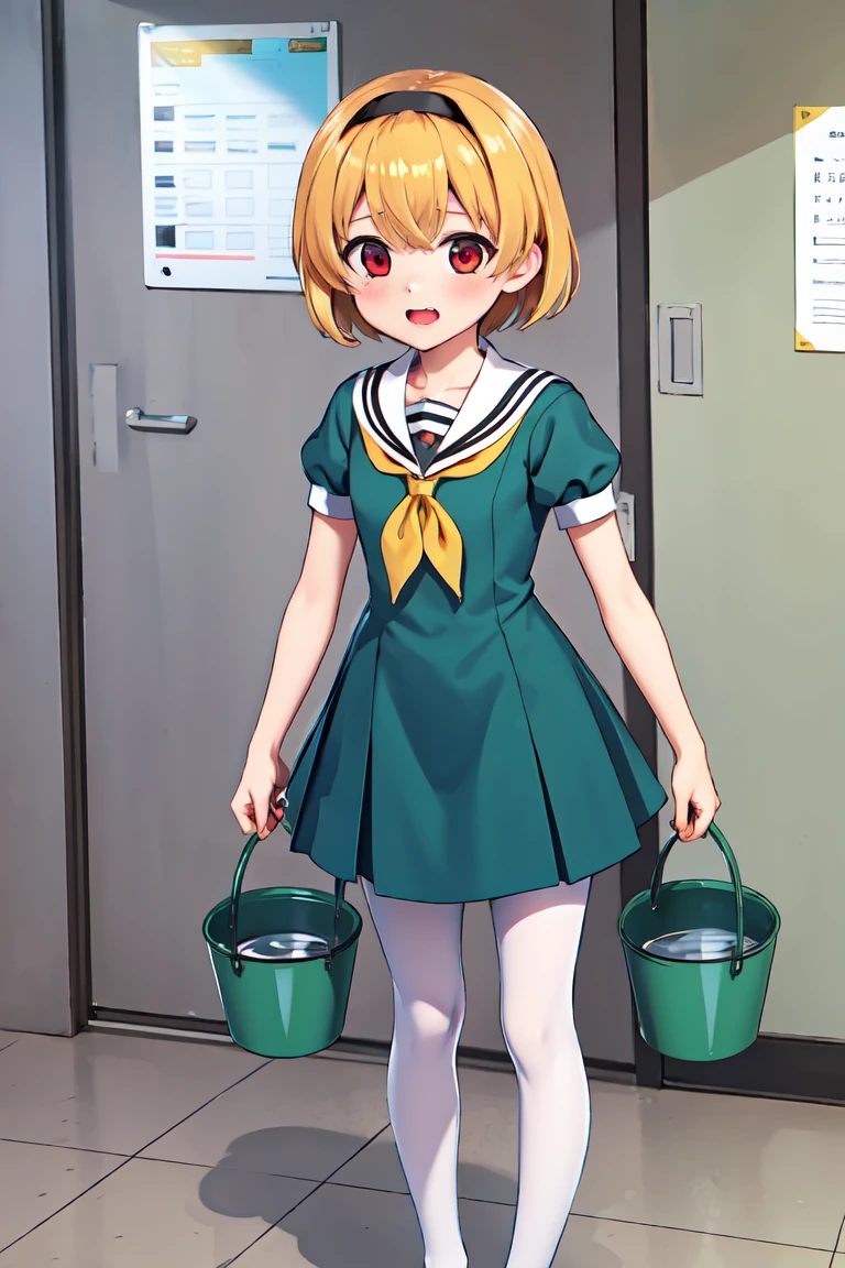 (bucket punishment), masterpiece,Highest quality,One person,Satoko Hojo,Blonde,short hair,hair band,Red eyes,tooth,Green Dress,White sailor collar,Yellow neckerchief,Short sleeve,Puff sleeves,Black Pantyhose,Flat Chest,Are standing, School corridor