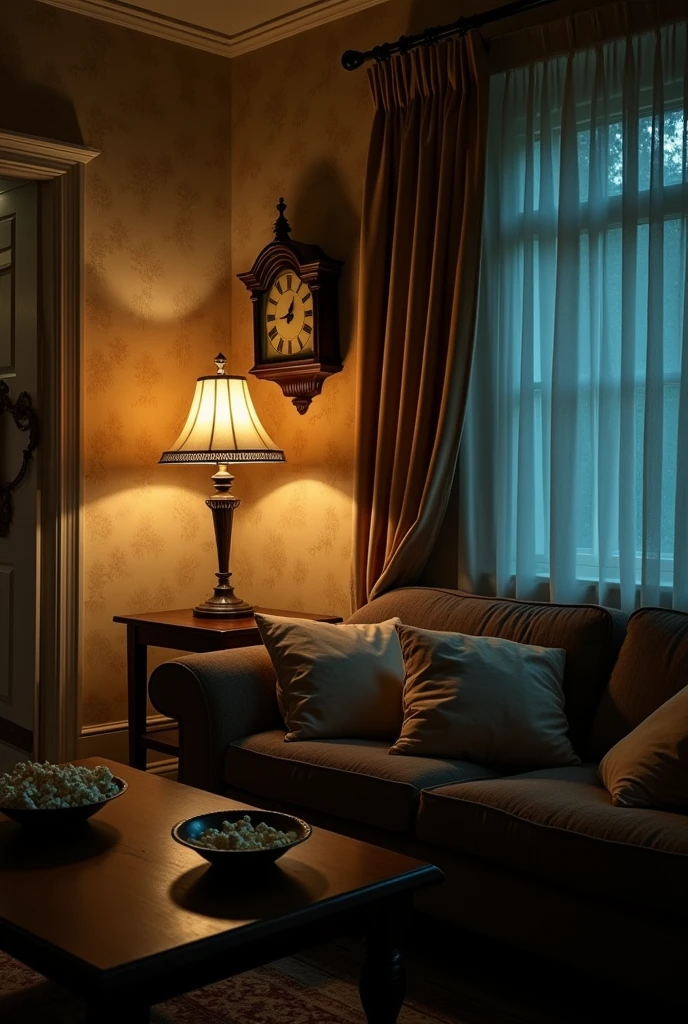 A cozy yet eerie living room with soft, dim lighting. Shadows dance across the walls, created by an old lamp in the corner. A clock on the wall is prominently displayed, showing it’s late at night. There is a couch with a few scattered pillows and a bowl of popcorn on a coffee table.