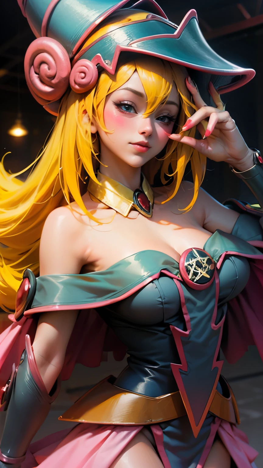 Beautiful dark magician gils, blond hair, blue eyes, Red lips, blush on the cheek, ella Lanza un kiss. She Winks. lanza kiss al espectador. kiss . sexy. Hot sejustiva pose, sexy and innocent.. Love history. Ella Guiño y lanza un kiss