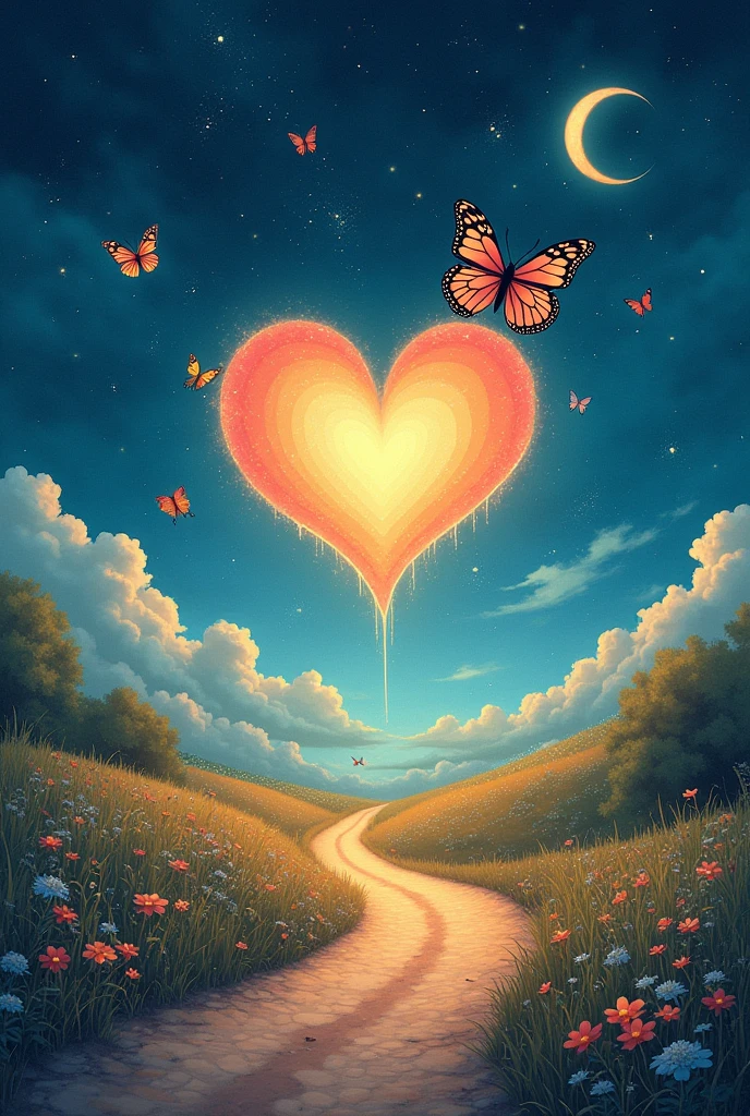 butterflies, heart, road and starry sky, clouds