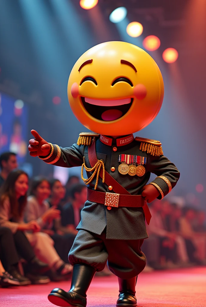 Cute laughing emoji with very big head wearing military uniform in a fashion show in realistic full body style