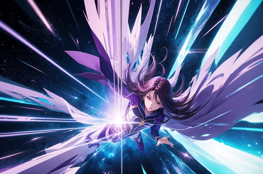 Heroine flying and passing through a glass wall in universe. 2d animation style, ultra realistic anime scene.