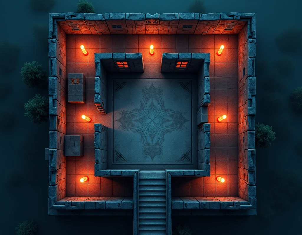 vampire the masquerade, map rpg, ((Map of the floor plan of a U-shaped building with 26 rooms.)), game art, birdseye straight top-down shot from a drone, battlemap, current modern theme, seen from above, role-playing game, empty location, nighttime environment, (with realistic proportions and textures, intricate details, handdrawn, vibrant, cinematic lighting, masterpiece, 8k:1.2)