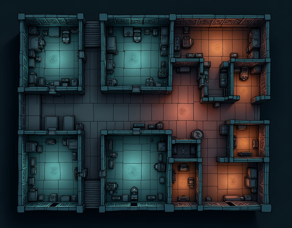 vampire the masquerade, map rpg, ((Map of the floor plan of a U-shaped building with 26 rooms.)), game art, birdseye straight top-down shot from a drone, battlemap, current modern theme, seen from above, role-playing game, empty location, nighttime environment, (with realistic proportions and textures, intricate details, handdrawn, vibrant, cinematic lighting, masterpiece, 8k:1.2)