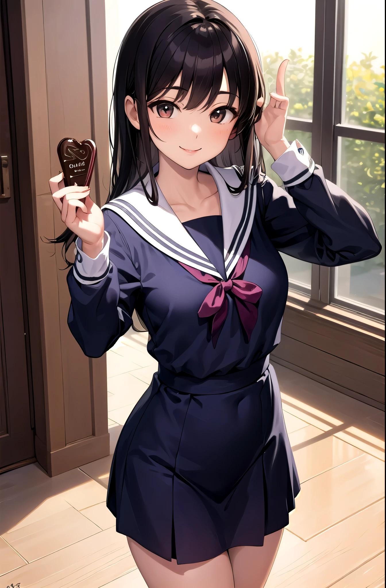 smile,female,Sailor suit,chocolate,I hold it in my right hand,