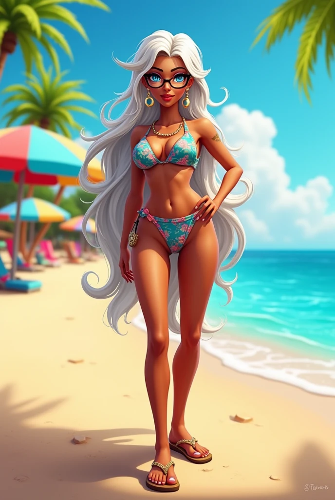 (masterpiece, best quality:1.2), (absurdres, highres, ultra-detailed), (perfect anatomy), selfie, 1girl, white hair, purple eyes, parted lips, blush, makeup, light smile, bikini, beach, sweat, wet, light rays, glow, thighs, collarbone, narrow waist, (masterpiece), wallpaper