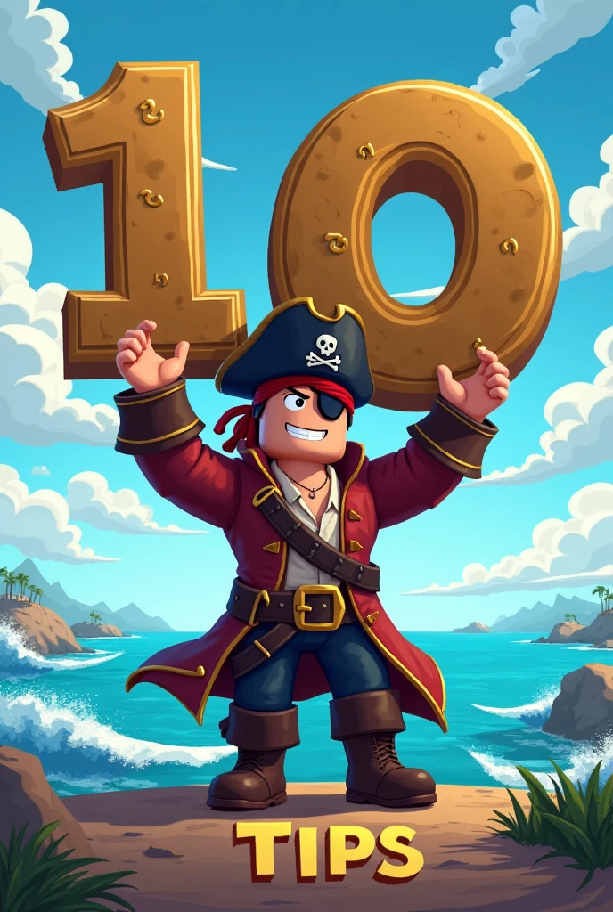 Roblox, pirate holding the head of a square roblox flop, on his side there is the number 10 and underneath it says Tips With a seascape background 