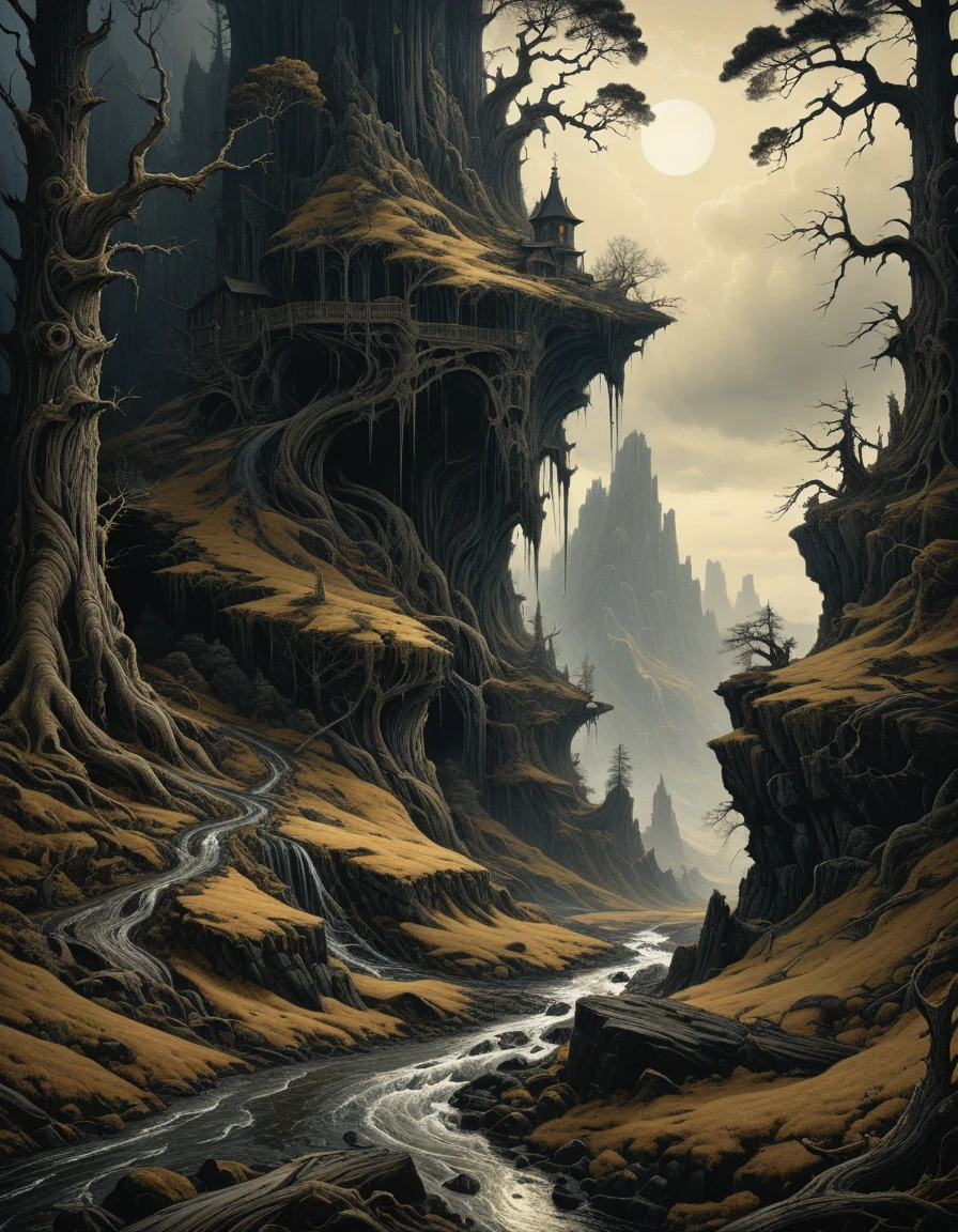 professional photograph of a gloomy and epic landscape by Aaron Horkey and William Stout and alfred stieglitz , bold lines, hyper detailed, dark limited palette, dramatic lighting, (intricate details, masterpiece, best quality:1.4),