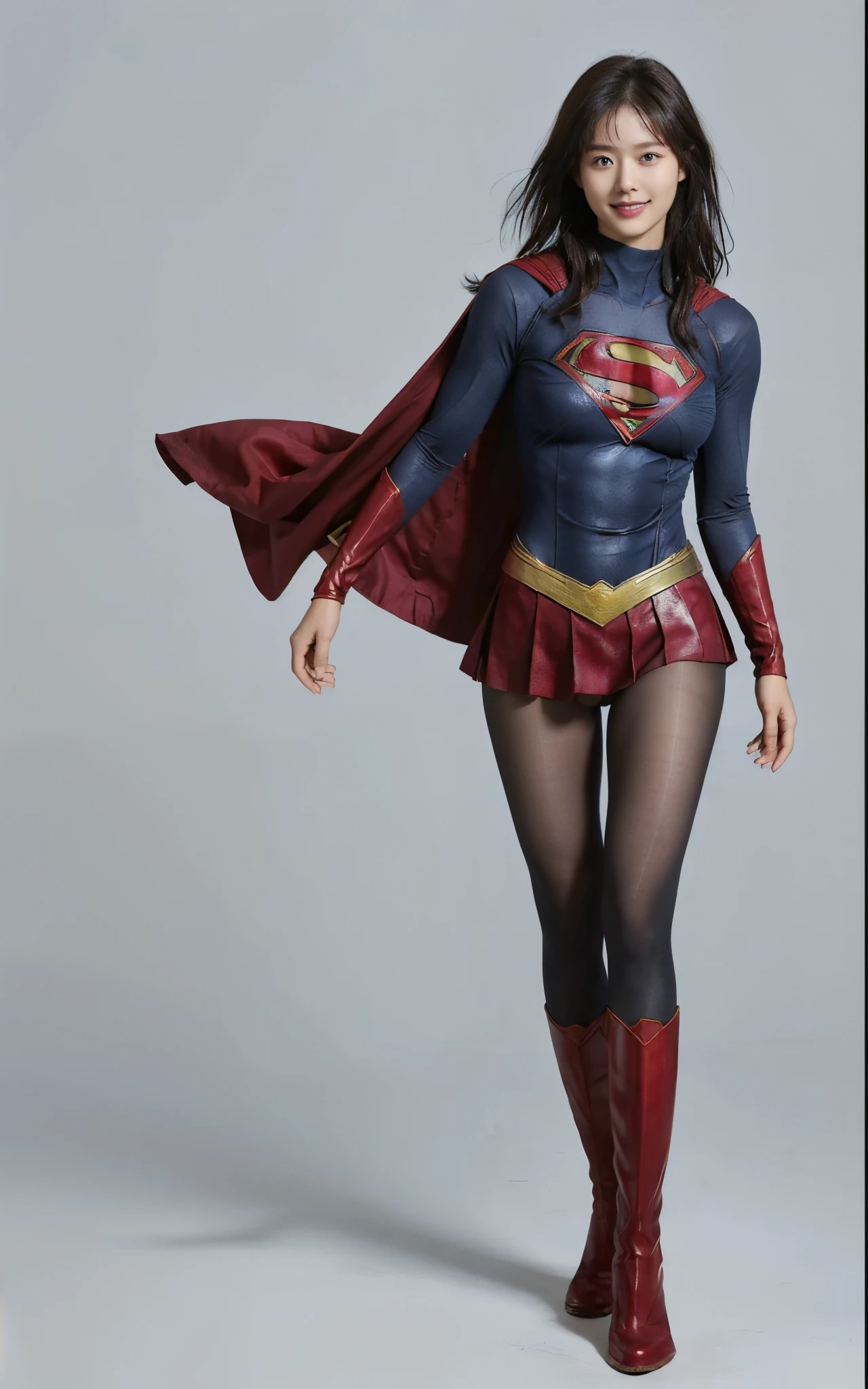 No background、(((Beautiful legs in black tights.)))、(((Legally express the beauty of your smile)))、((((Make the most of your original images)))、(((Supergirl Costume)))、(((Beautiful Hair)))、(((suffering)))、(((Please wear black tights....、Wear red boots)))、((Best image quality、8k))、((Highest quality、8k、masterpiece:1.3))、(((Preserve background )))、Sharp focus:1.2、Beautiful woman with perfect figure:1.4、Slim Abs:1.2、Wet body:1.5、Highly detailed face and skin texture、8k