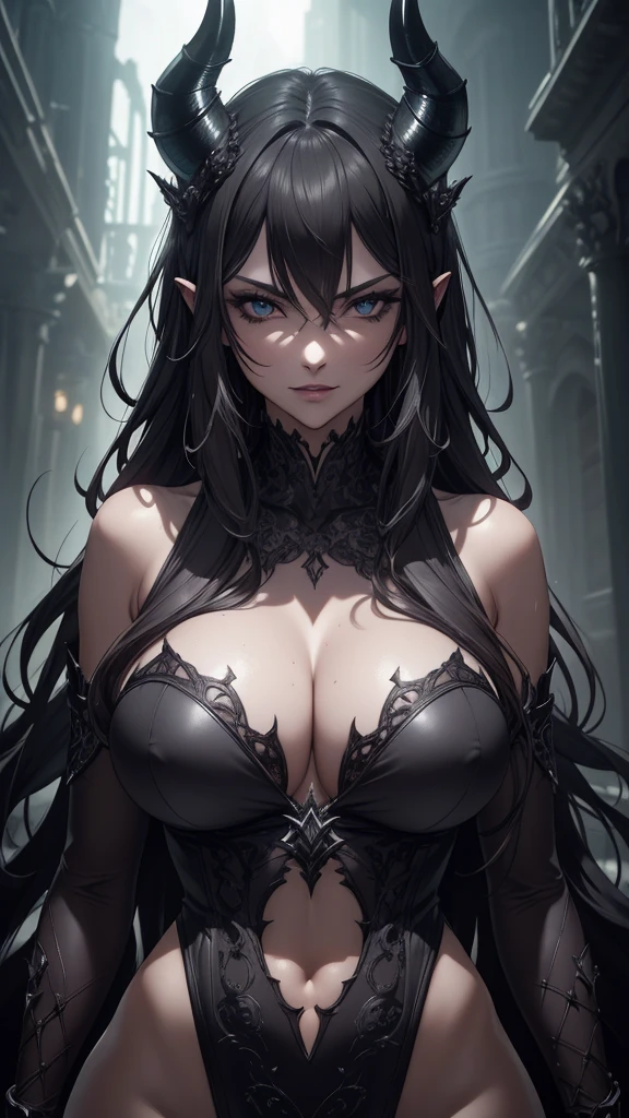 (best quality,8k,highres,photorealistic:1.4),(masterpiece,intricate details:1.2),sexy,seductive,ancient monster girl,beautiful,sexy perfect breasts, cleavage, sleeveless, dark aura, sinister smile,evil,attractive,dark fantasy,mysterious,cinematic lighting,dramatic shadows,chiaroscuro,highly detailed face and eyes,long eyelashes,full lips,sharp fangs,horns,scaly skin,dramatic pose,flowing hair,dark colors,moody atmosphere