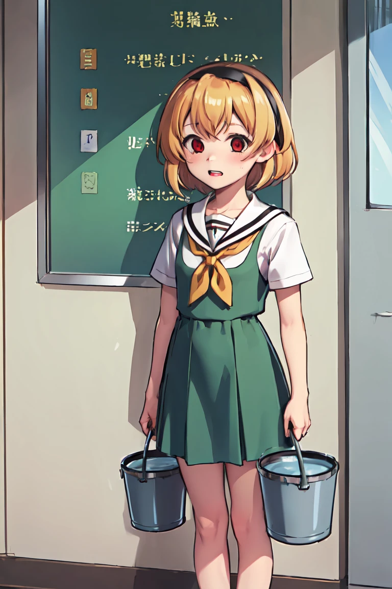 (bucket punishment), masterpiece,Highest quality,One person,Satoko Hojo,Blonde,short hair,hair band,Red eyes,tooth,Green Dress,White sailor collar,Yellow neckerchief,Short sleeve,Puff sleeves,Black Pantyhose,Flat Chest,Are standing, School corridor