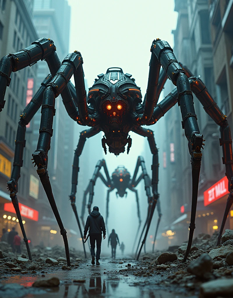 a photorealism 3 giant cyberpunk style mechanical and metallic spiders on a saddle, HD 4k high definition ultra realistic dynamic hyper realistic oled, Vibrant, subsurface dispersion, amazing fine detail, in a post-apocalyptic war game in the middle of a cyberpunk city background. At his feet, A human being looks scared in front of the metal spider and another runs in the opposite direction towards the camera and scared.