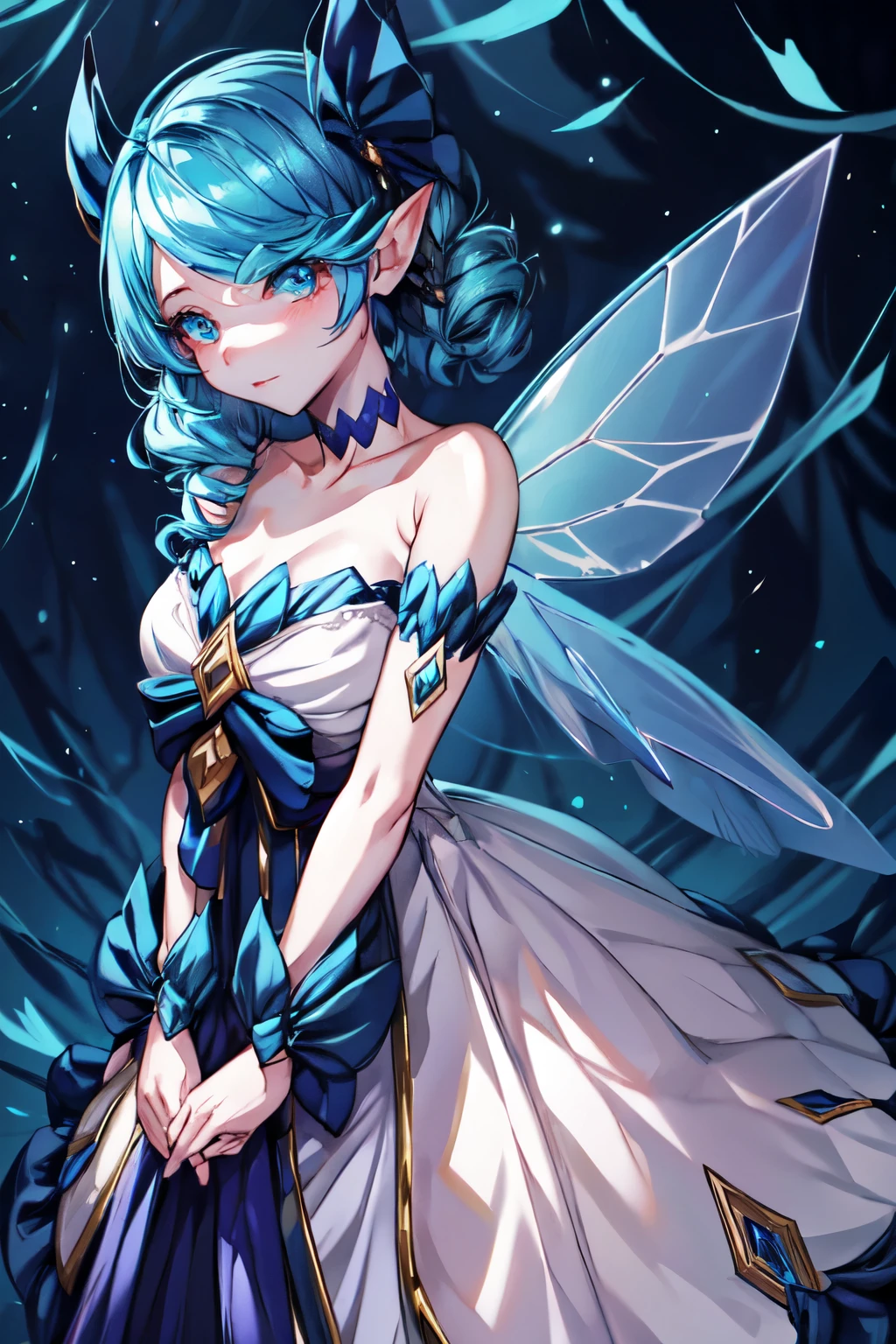 buterfly fairy wings, flying in the air, gorgeous anime fairy, in a dark forest, gwen from league of legends, gorgeous blue and white sensual gala dress, sensual pose