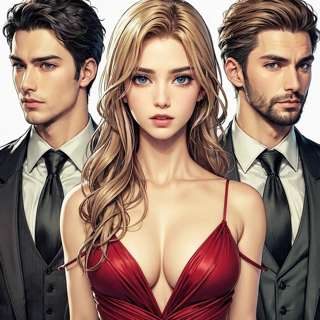 To visualize or communicate the concept of a , the image can be described like this:
 Create an image 



Central Character (Woman):
- The woman in the center is young and blonde, with long hair that falls in soft waves over her shoulders. Your eyes are an intense blue, radiating confidence and seduction. She wears a tight red dress that highlights her curves perfectly.. or tecido, probably silk or satin, shimmers subtly under the light, giving the look a mix of elegance and sensuality.
- or vestido tem um decote discreto, enough to enhance your femininity without overdoing it. Your posture is confident, with one hand resting lightly on the hip, suggesting that she is in control of the situation and comfortable between the two men surrounding her.

man on the left (or Homem Elegante):
- To the left, a man with short brown hair, meticulously arranged, with a full beard that frames his face. His dark eyes exude mystery and determination.. He wears an expensive dark colored suit, maybe black or navy blue, with a white shirt underneath and a tie that complements the outfit.
- Your posture is firm and protective, possibly with hands in pockets or at sides, watching the woman with a possessive expression, as if he was watching over her, but also asserting his plaalongside her.

Man on the Right (or "bad boy"):
- or homem à direita tem cabelos castanhos escuros que chegam até os ombros, a little disheveled, giving it a more rebellious air. your eyes are blue, contrasting with its casual and seductive look. He has a beard, which accentuates its casual and charming appearance.
- He wears a partially open button-down shirt, revea a little of the chest, and a pair of jeans. over, he wears a black leather jacket, which reinforces its image of "bad boy". Your posture is relaxed, leaning slightly towards the woman, suggesting a more intense and passionate interest.

Trisal Dynamics:
- The woman is sitting