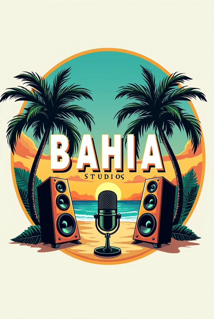 Create a circular logo for a recording studio with capital letters that says (BAHIA STUDIOS ELSTORE) (guatemala)
with palm trees and beach With images of speakers and microphone