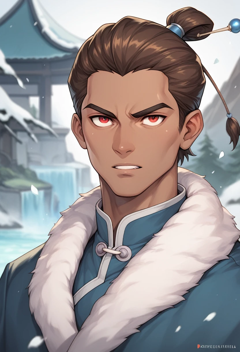 Kanae Yuta, a man from the Water Tribe, has red eyes, long brown hair, his dark skin, he has a toned and strong body, in front of a lush igloo, wearing a standard Water Tribe winter coat, showcasing his mastery of Waterbending, in a fighting stance.