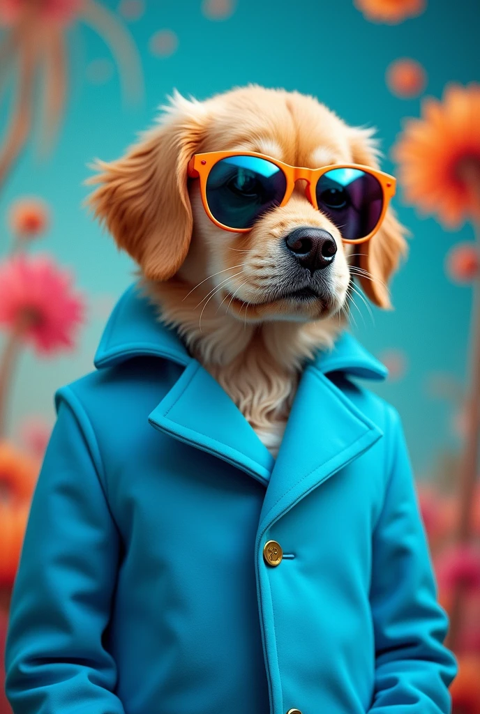 The best cell phone wallpaper, Award-Winning Wallpaper, portrait photography, In the front view is a portrait of a cute dog wearing mid-1960s space age fashion, Side view photo, Shot with Canon EOS R5, Set a strong contrast that accentuates the subject, Fluorescent blue tone, Wearing a very modern coat and sunglasses is a modern 1960s style, Clothes all in one color, beautiful background