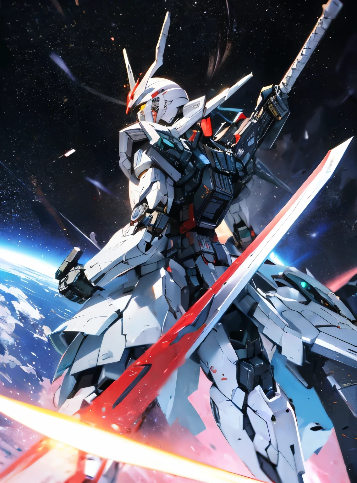 a very realistic looking anime robot in the middle of space with the sun as a back ground, mecha, robot, weapon, holding, holding weapon, no humans, sword, holding sword, glowing, solo