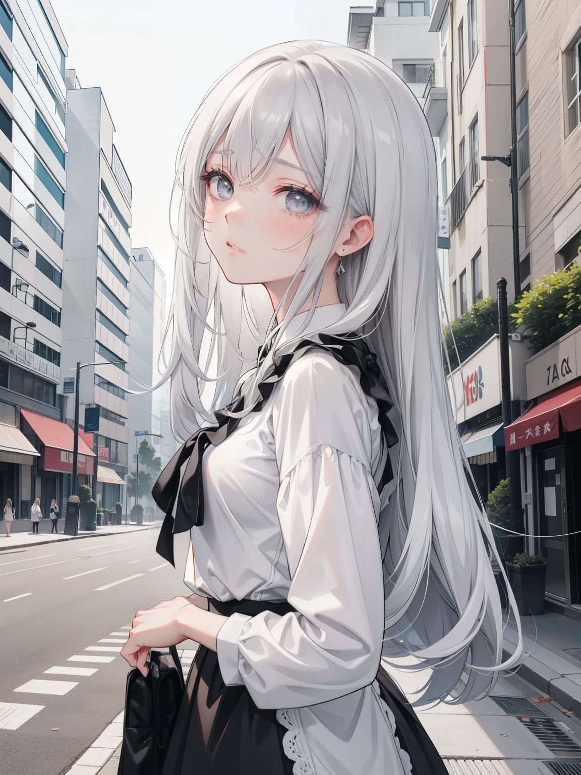 A pensive girl with striking grey eyes, long grey hair, black a trapezoidal skirt, white blouse standing on a street corner, standing in a city center, cute anime waifu in a nice dress, (looking at viewer), intricate facial details, highly detailed, 8K, masterpiece, emotional portrait