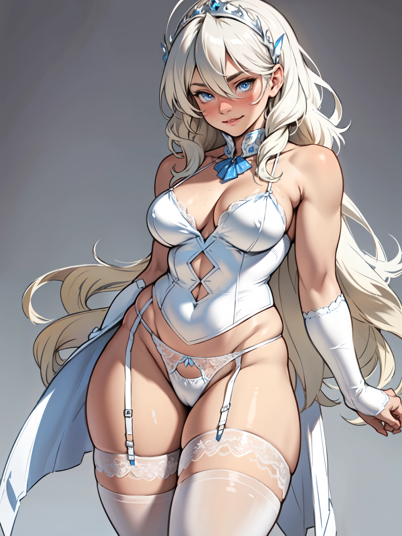 platinum blonde blue eyes shoulder length hair beautiful soft smile feminine graceful girl light blush silver grey background messy hair laced white lingerie garter belt white stocking white lingerie thick standing