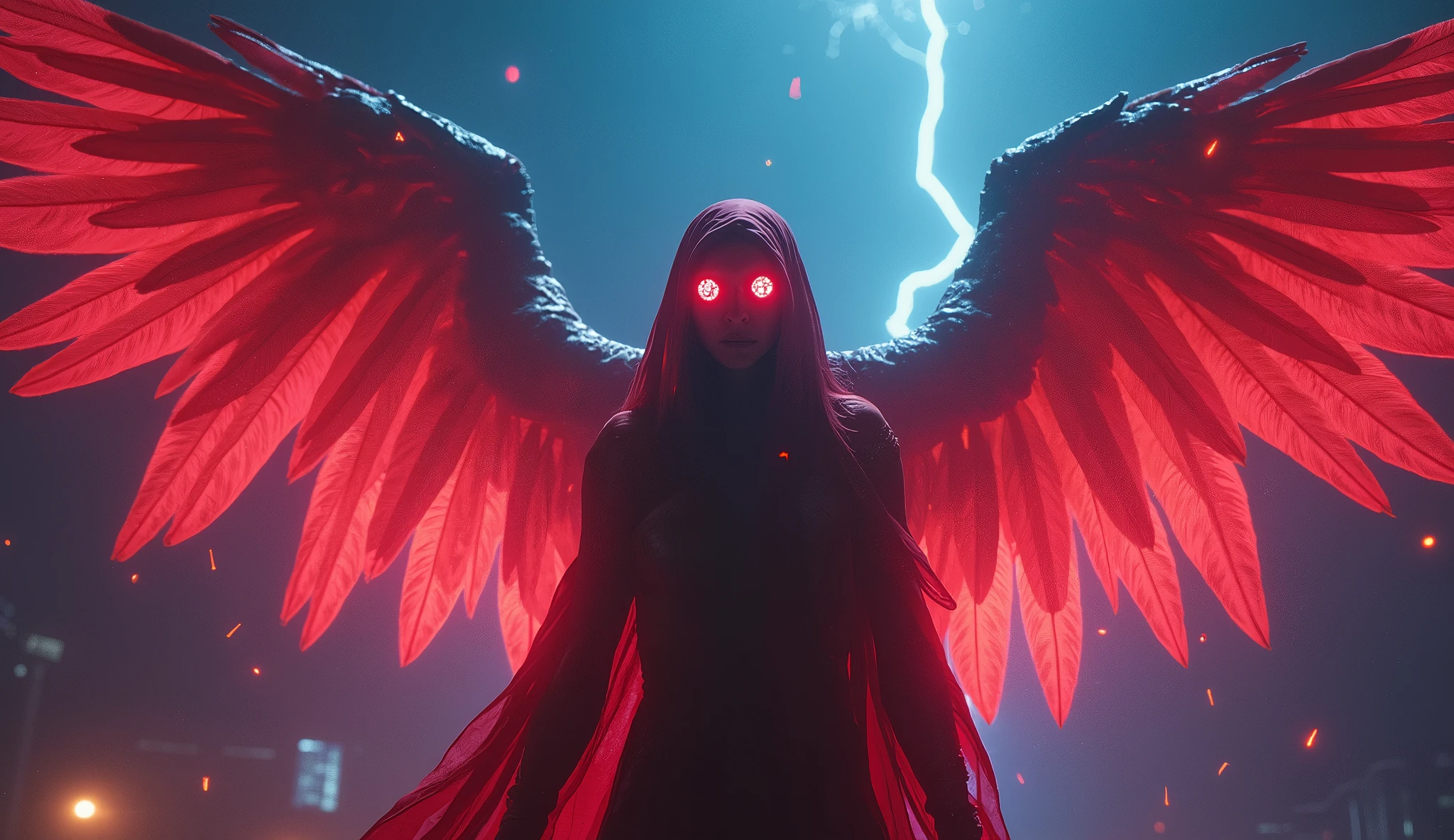 cosmic fallen angel, glowing light eyes, Biomechanicals, weirdcore, frightful, nightmarish, very bright colors, light particles, with bright light, Mshiff, Wallpaper Art, UHD Wallpaper