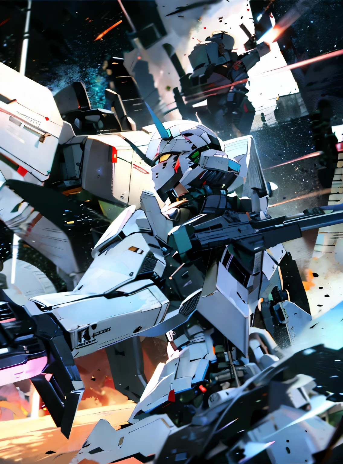 a very realistic looking anime robot in the middle of space with the sun as a back ground, mecha, robot, weapon, holding, holding weapon, no humans, sword, holding sword, glowing, solo