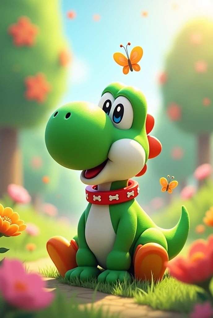 Yoshi, the dinosaur dog with a dog collar, he's a good dog.