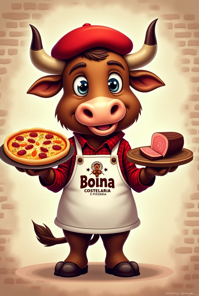 charachter: A friendly and welcoming bull, representing the visual identity of Boina Costelaria e Pizzaria. It is inspired by the existing logo, showing an ox with a red beret.
Face and Expression: The bull has a friendly and expressive face, with big eyes that convey confidence and sympathy. He's always smiling, ready to welcome customers.
red beret: The red beret, already present in the logo, is the most prominent element of the mascot. It is used in a cool way, slightly tilted to one side, giving a relaxed and approachable air to the mascot.
vestimentas: The mascot is dressed as a chef, with a white apron that has the Boina Costelaria e Pizzaria logo printed on the front. He also wears a plaid shirt underneath the apron., bringing a rustic touch that matches the restaurant's barbecue theme.
Accessories: In one hand, the mascot holds a big and delicious pizza, symbolizing the specialty of the pizza buffet. In the other hand, he holds a piece of juicy meat, representing the traditional barbecue which is another strong point of the restaurant.
stance: The bull is standing, com uma postura confiante, but friendly. He may be leaning slightly forward., as if you were offering pizza or meat to customers.
colors: The mascot's color palette includes shades of brown for the bull's body., white and red for the apron and beret, and green and yellow details on the food he holds, representing fresh and appetizing ingredients.
Background (for arts): A simple and clean background, with soft colors that highlight the mascot. You can include subtle elements like barbecue strips or a rustic brick pattern to reflect the restaurant's welcoming ambiance..