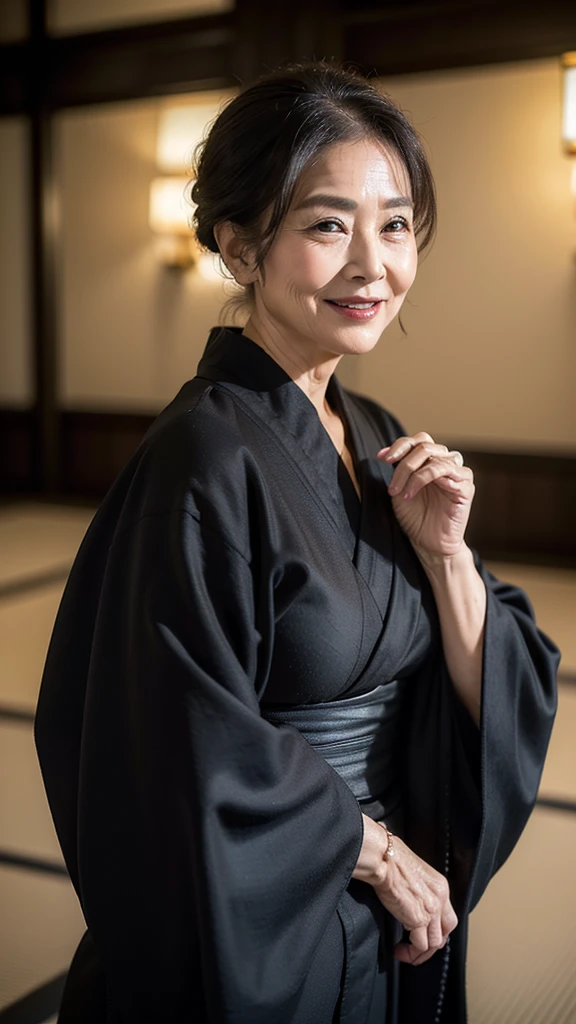 (masterpiece:1.4),(68-year-old woman:1.5),(facial wrinkles 1.2),Captivating smile, (Updo : 1.1), (Wearing a black kimono), Motherhood Mature Woman