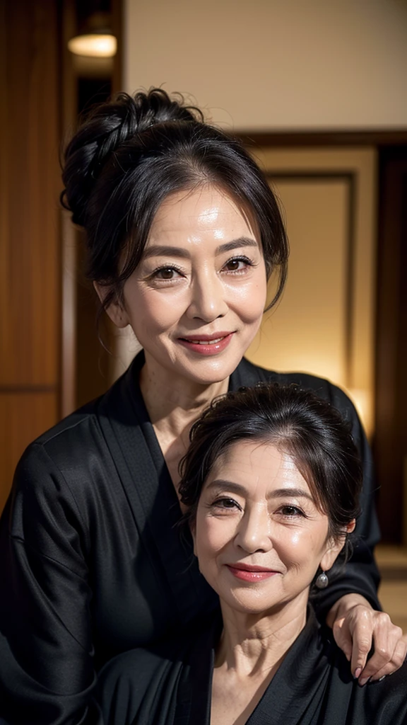 (masterpiece:1.4),(68-year-old woman:1.5),(facial wrinkles 1.2),Captivating smile, (Updo : 1.1), (Wearing a black kimono), Motherhood Mature Woman