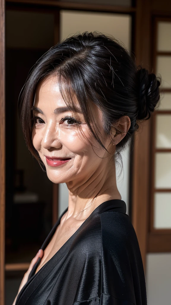 (masterpiece:1.4),(68-year-old woman:1.5),(facial wrinkles 1.2),Captivating smile, (Updo : 1.1), (Wearing a black kimono), Motherhood Mature Woman