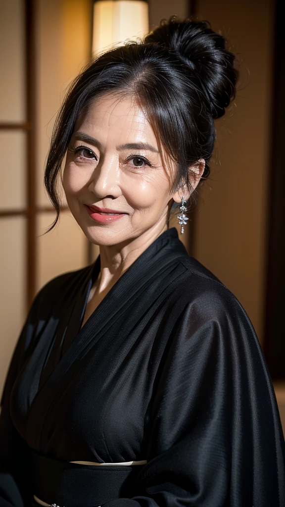 (masterpiece:1.4),(68-year-old woman:1.5),(facial wrinkles 1.2),Captivating smile, (Updo : 1.1), (Wearing a black kimono), Motherhood Mature Woman