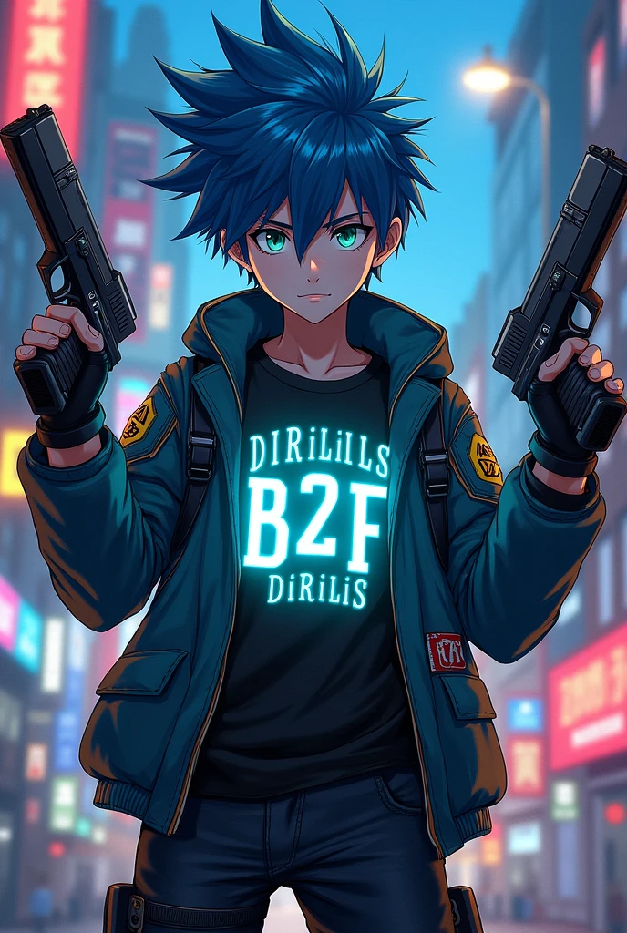 Anime boy with Guns with name on screen B2F DiRiLiS on chest pic for dp
