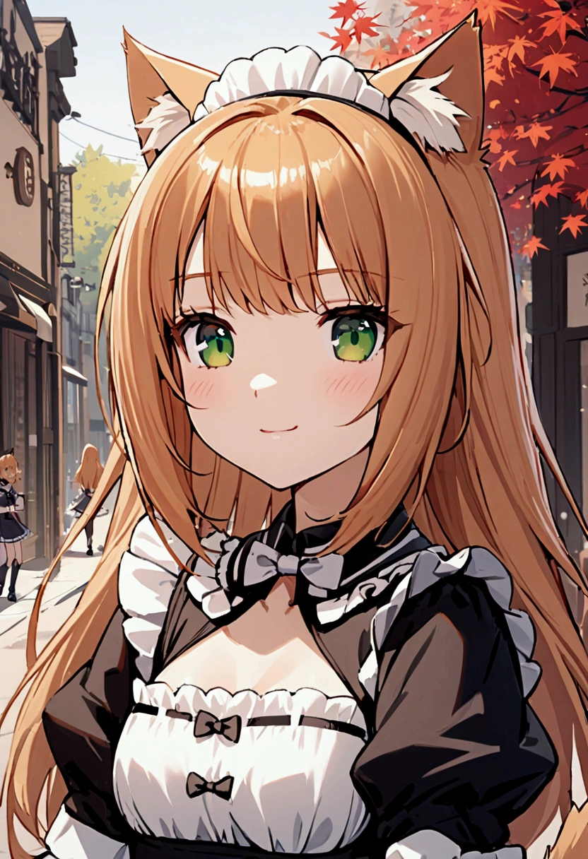 Maple, 1 girl with long ginger blonde hair, green eyes, cat ears, cat tail, maid uniform, soft smile, cafe on background