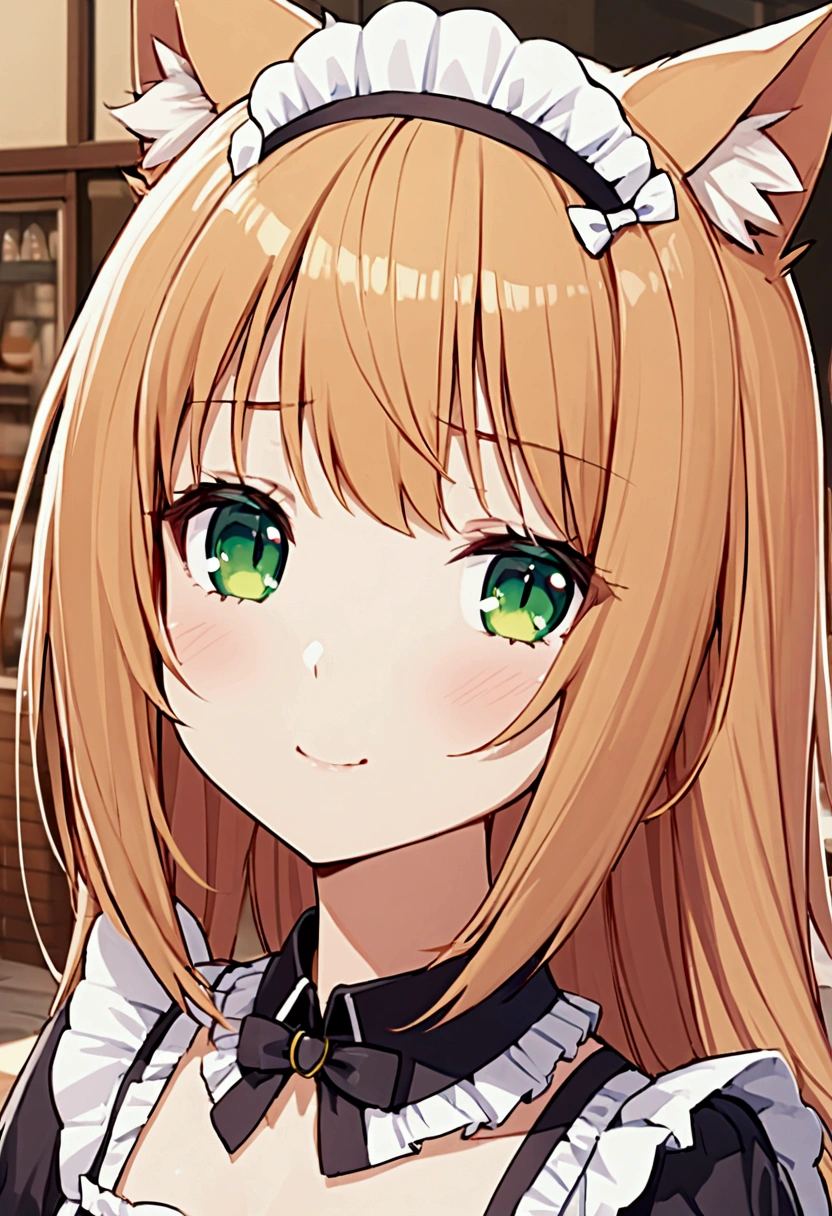 Maple, 1 girl with long ginger blonde hair, green eyes, cat ears, cat tail, maid uniform, soft smile, cafe on background