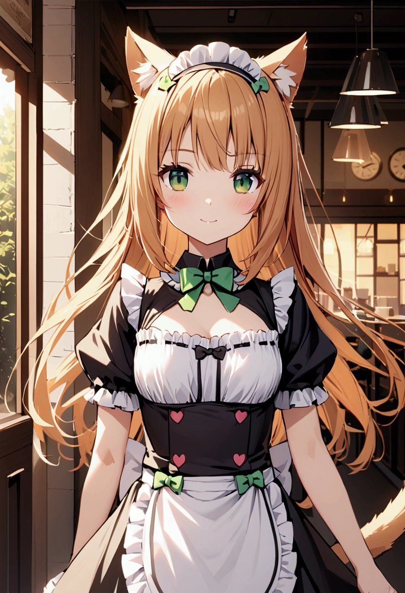 Maple, 1 girl with long ginger blonde hair, green eyes, cat ears, cat tail, maid uniform, soft smile, cafe on background