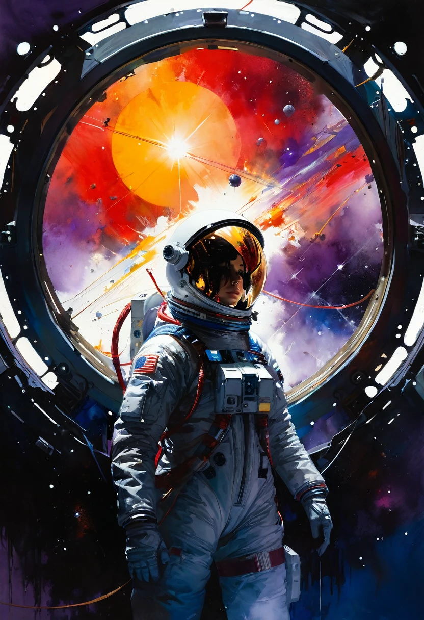 (masterpiece, top quality, best quality, extreme detailed, highest detailed, official art, beautiful and aesthetic:1.2), colorful, cowboy shot, beautiful face, solo, perfect body, 1girl, in space, spacecraft, spacesuit, sun rays, indoors, (wires and cables:1.1), (science fiction:1.2), porthole, illuminator, stars,fantasy, high contrast, ink strokes, explosions, over exposure, purple and red tone impression , abstract, ((watercolor painting by John Berkey and Jeremy Mann )) brush strokes, negative space,