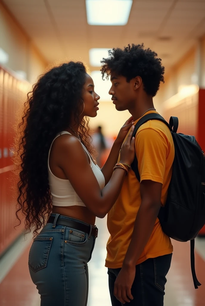  black 16 year old girl curvy) (long curly hair and gorgeous ) (looking at each other intensely)  Mexican  boy ( who is 16 with black curly hair)  (in school) (caressing her neck)