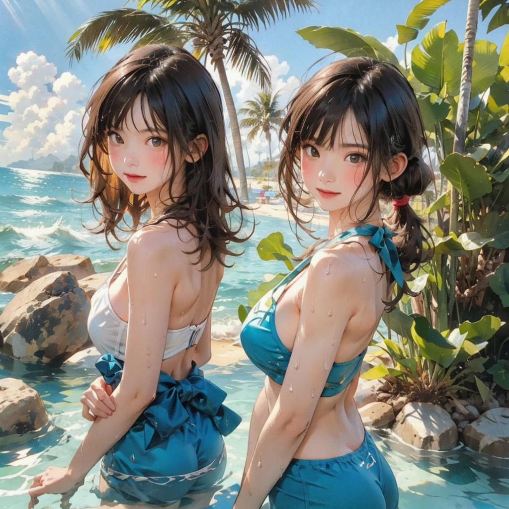((highest quality, masterpiece, High resolution)), ((reality)),Photos of beautiful Japanese women,((anime art))、 (((1 girl))), normal size breasts, slim body shape, long ponytail,double eyelid, Wet see-through bikini, A pareo with bold ethnic patterns and plenty of primary colors、(Brown skin:1.4),realistic skin、Wet,whole body,cinematic light、tropical、Against the background of palm trees on both sides、on a sunny beach、With the sea in the background、blur background、smile