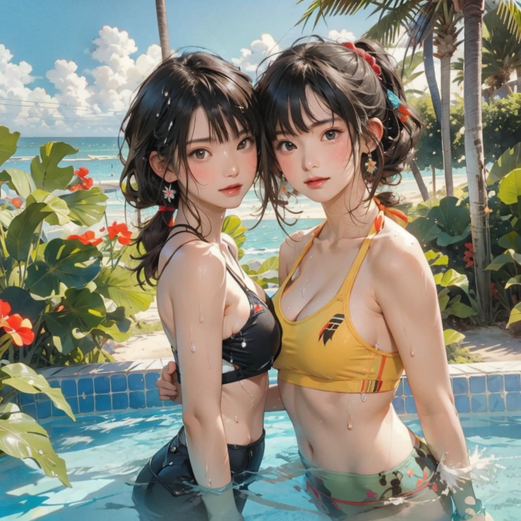 ((highest quality, masterpiece, High resolution)), ((reality)),Photos of beautiful Japanese women,((anime art))、 (((1 girl))), normal size breasts, slim body shape, long ponytail,double eyelid, Wet see-through bikini, A pareo with bold ethnic patterns and plenty of primary colors、(Brown skin:1.4),realistic skin、Wet,whole body,cinematic light、tropical、Against the background of palm trees on both sides、on a sunny beach、With the sea in the background、blur background、smile