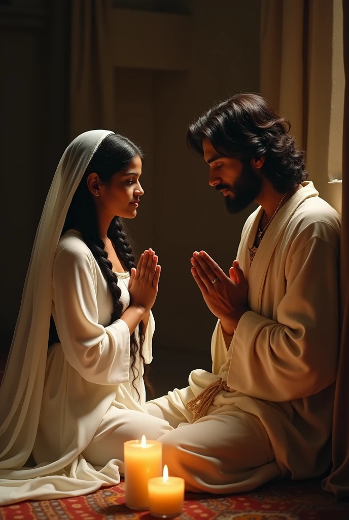 An indian beautiful young women wearing white punjabi dress with long thick black hair braided upto her waist and her covered with veil praying to God on her knees where Jesus in Hebrew dress attire sitting beside her on the chair and consoling the young women
