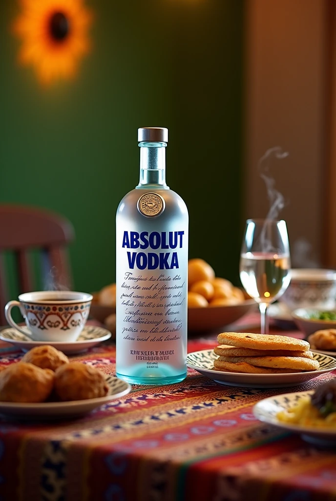 The bottle of absolut vodka on a table with typical Colombian food and a tray of arepas and coffee